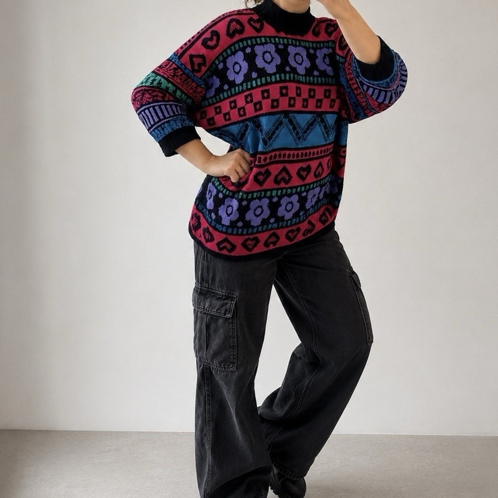 Vintage Stefano Novelty Colorful Sweater OS AOP Hearts Cute Gah Color Block